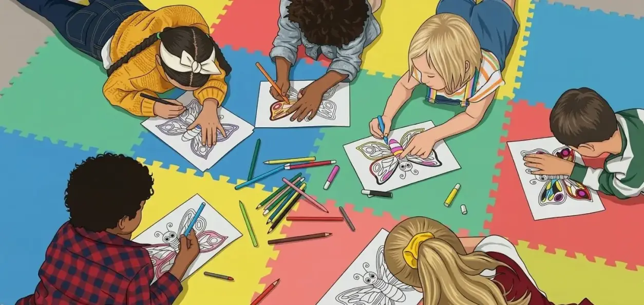 ninos-coloreando-mariposas-aula